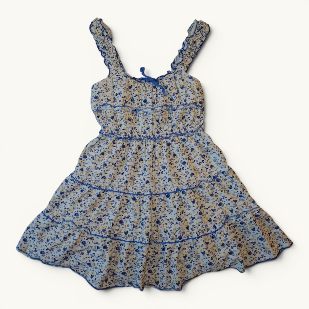 Japna Blue Floral Tiered Ruffle Mini Dress Size Small Cottagecore
